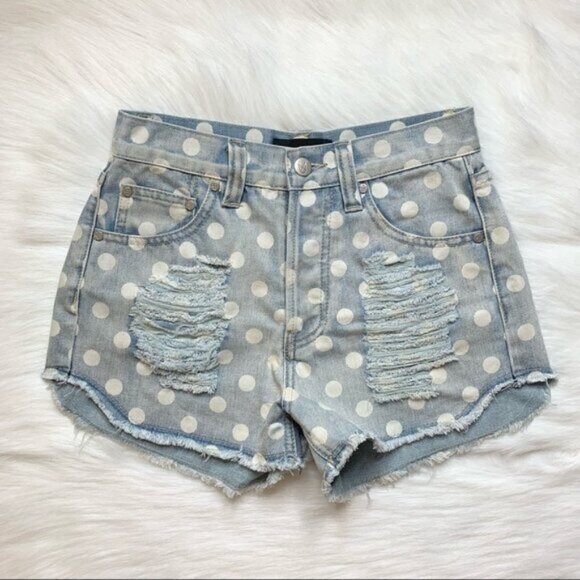 Revolve Mink pink Sugar Magnolia Jean Shorts Polka Dot Cut offs High Waist - Picture 4 of 16